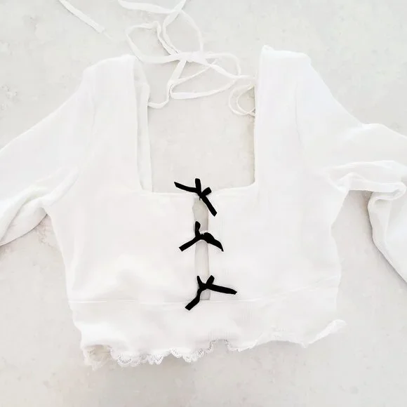 Free People Dancing Queen Crop Top White with Black Bows Ivory Combo - Picture 6 of 6